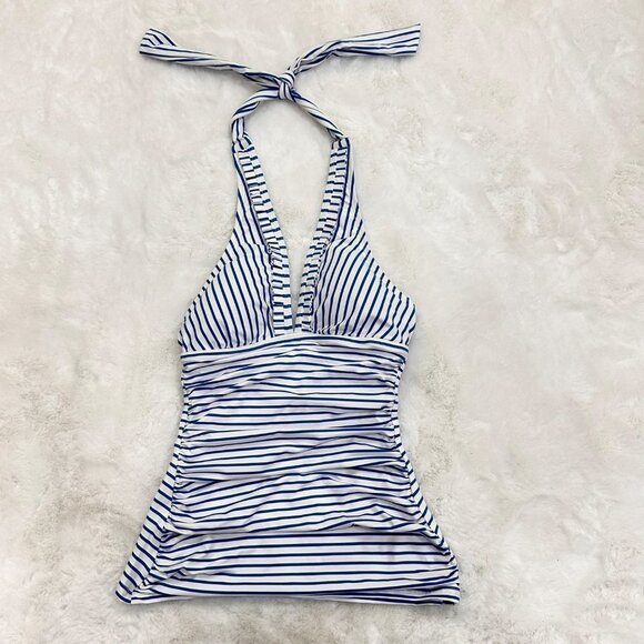 NWT Lauren Ralph Lauren Blue-and-White Striped Halter Tankini with‎ Ruffle Trim - Picture 1 of 11